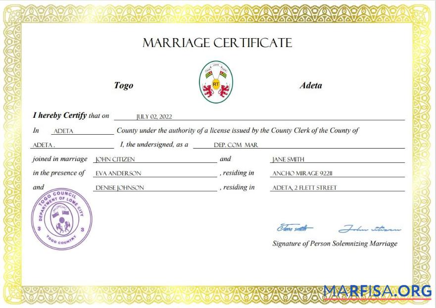 Realistic Togo marriage certificate Word and PDF template